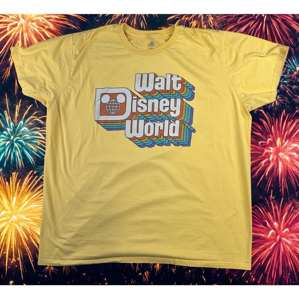 Walt Disney World Yellow Retro Style Tee Mens XXL Rainbow Graphic Short Sleeve